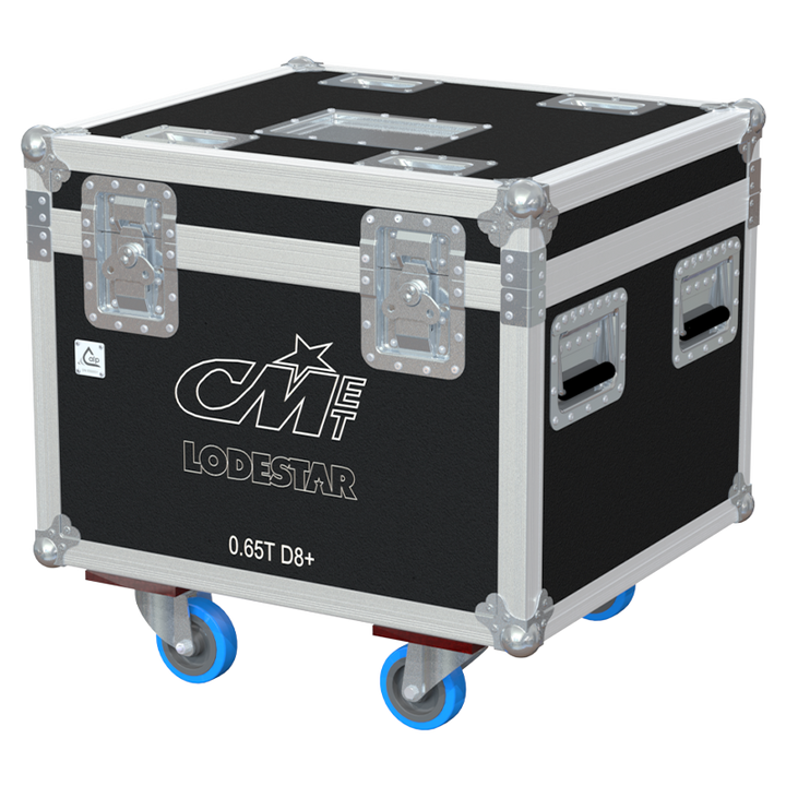 Front view of ALP professional flight case for 1x CM Lodestar 0.65T D8+ motor with wheels