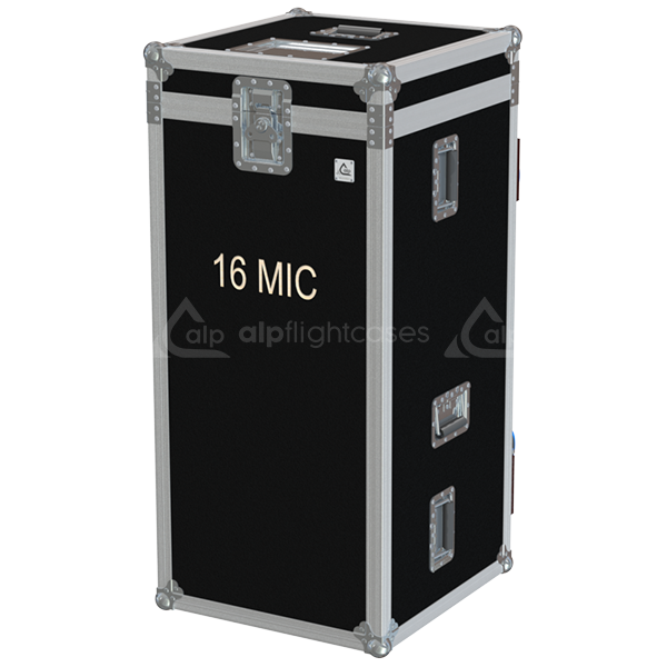 Front view of custom flight case for 16 microphone stands with professional protective construction