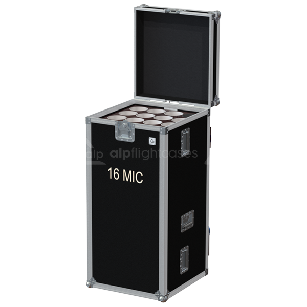 Empty interior of flight case showing precision compartments for 16 microphone stands