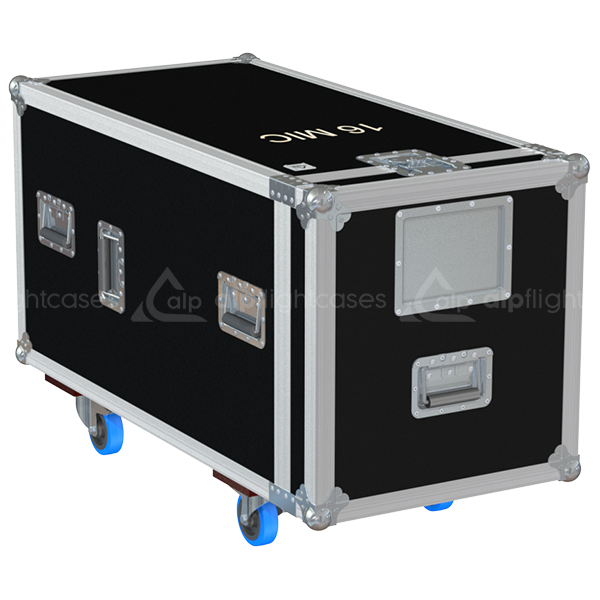 Rear view of road case for 16 microphone stands showing reinforced hardware and birch plywood construction