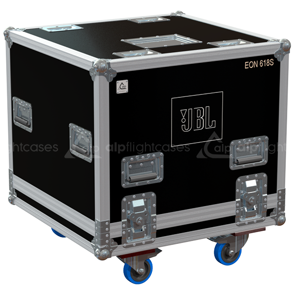 Front view of the professional touring flight case for 1x JBL EON 618S active subwoofer by ALP Flight Cases