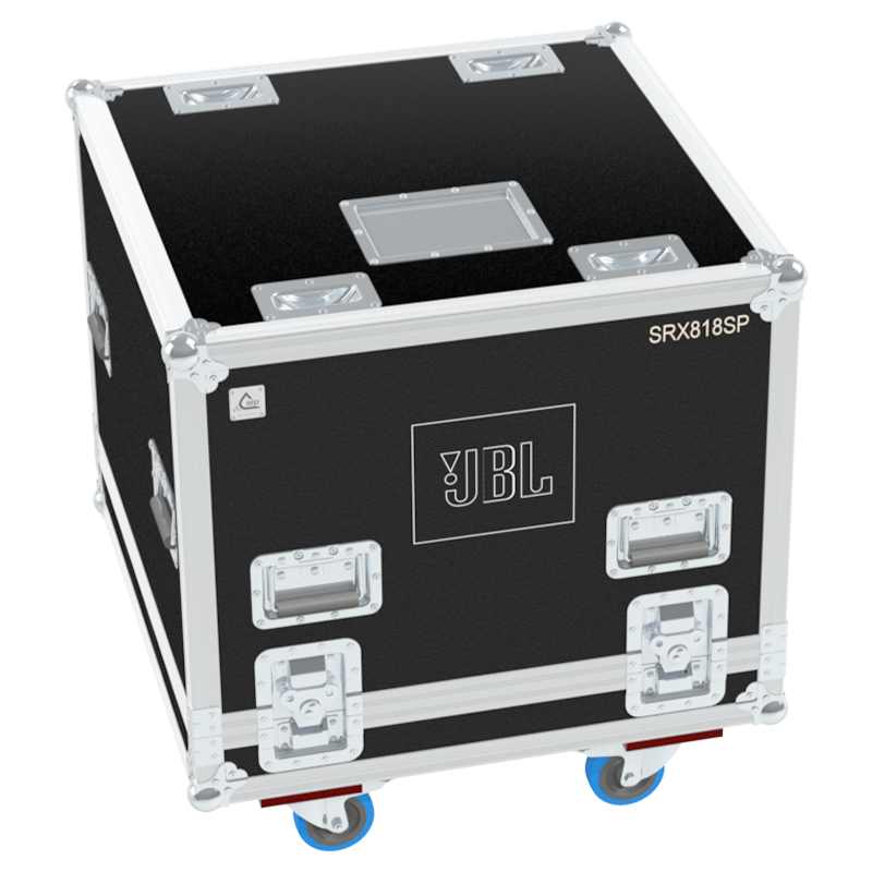 Front view of the professional touring flight case for 1x JBL SRX818SP active subwoofer by ALP Flight Cases
