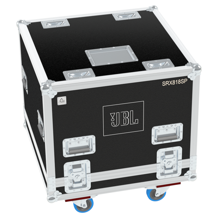 Front view of the professional touring flight case for 1x JBL SRX818SP active subwoofer by ALP Flight Cases