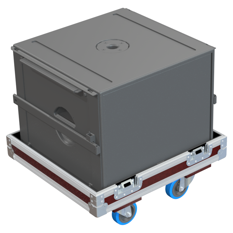 L'Acoustics SB15m subwoofer safely secured inside the custom flight case for professional rental and touring