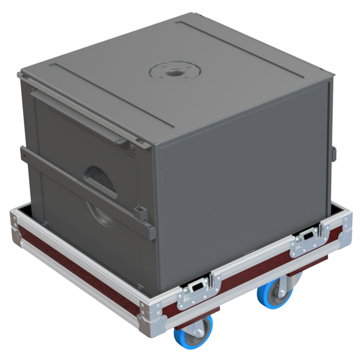 L'Acoustics SB15m subwoofer safely secured inside the custom flight case for professional rental and touring