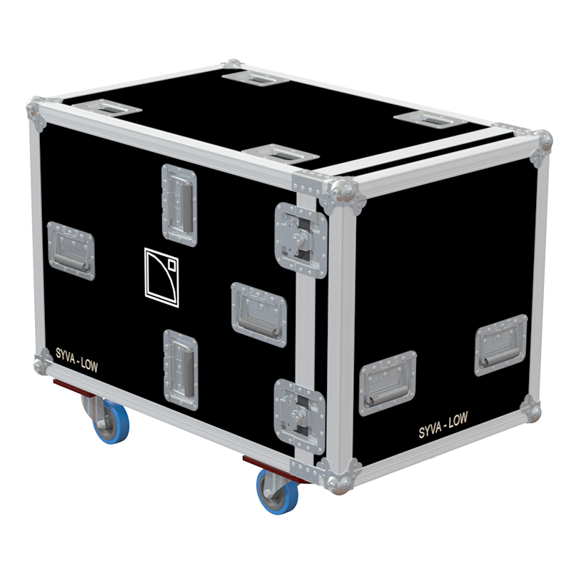 Rear view of the road case for L'Acoustics Syva Sub showing heavy-duty hardware and 10mm birch plywood construction