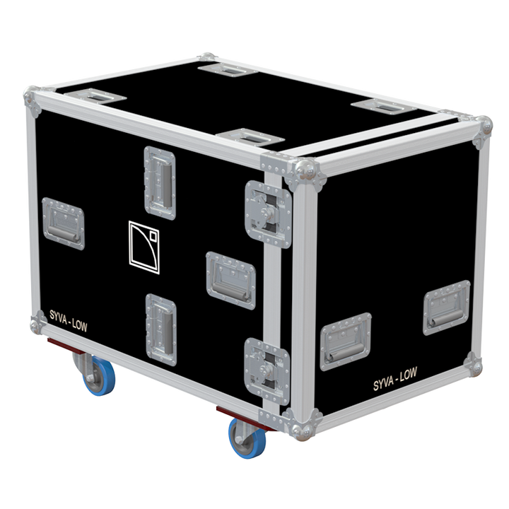 Rear view of the road case for L'Acoustics Syva Sub showing heavy-duty hardware and 10mm birch plywood construction