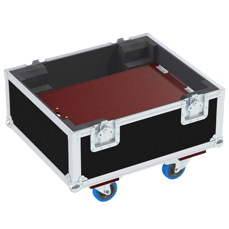 Empty interior of the flight case for LD Systems CURV 500TS showing custom compartments and CNC-cut foam for satellites