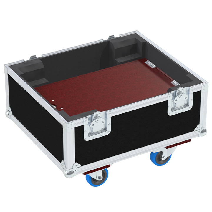 Empty interior of the flight case for LD Systems CURV 500TS showing custom compartments and CNC-cut foam for satellites