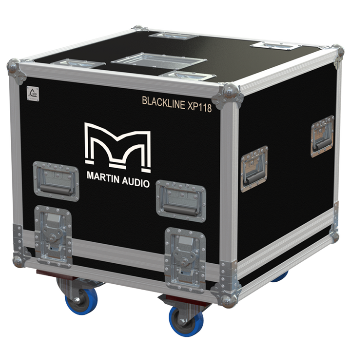 Front view of the professional touring flight case for 1x Martin Audio Blackline XP118 V2 subwoofer by ALP Flight Cases