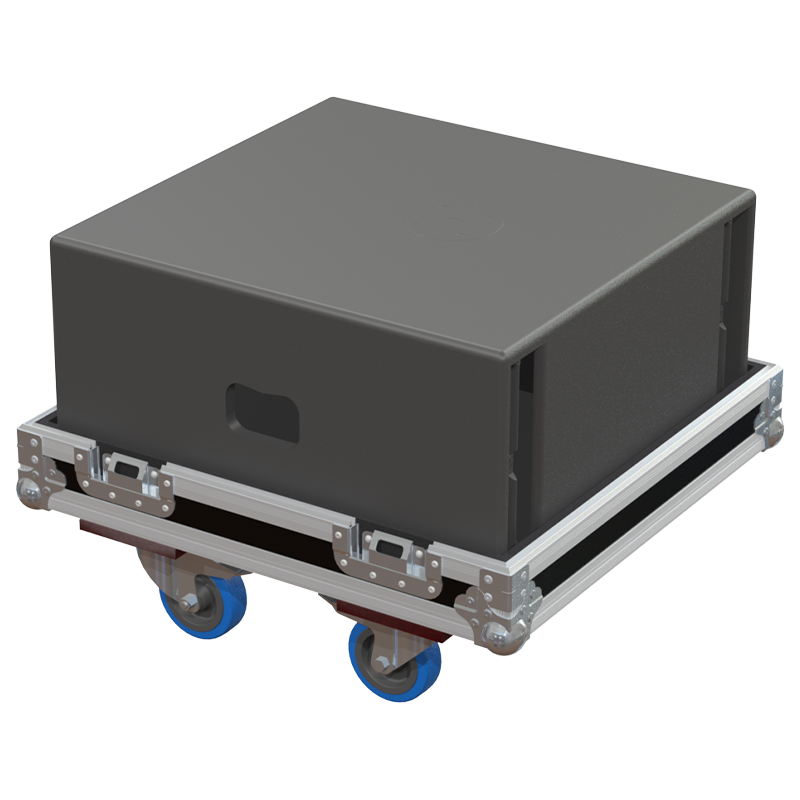 NEXO ID S110 subwoofer safely secured inside the custom flight case for professional touring and rental