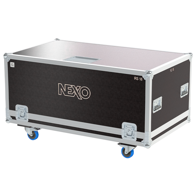 Front view of the professional touring flight case for 1x NEXO RS 18 Ray Sub subwoofer by ALP Flight Cases