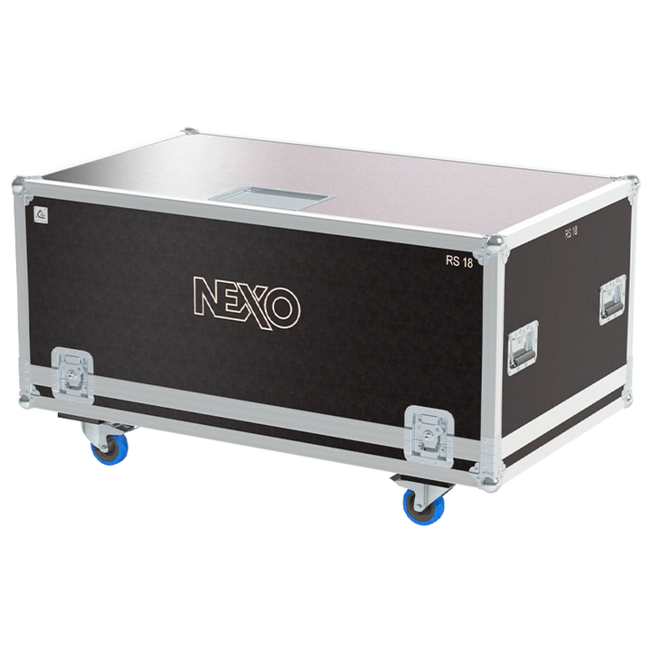 Front view of the professional touring flight case for 1x NEXO RS 18 Ray Sub subwoofer by ALP Flight Cases