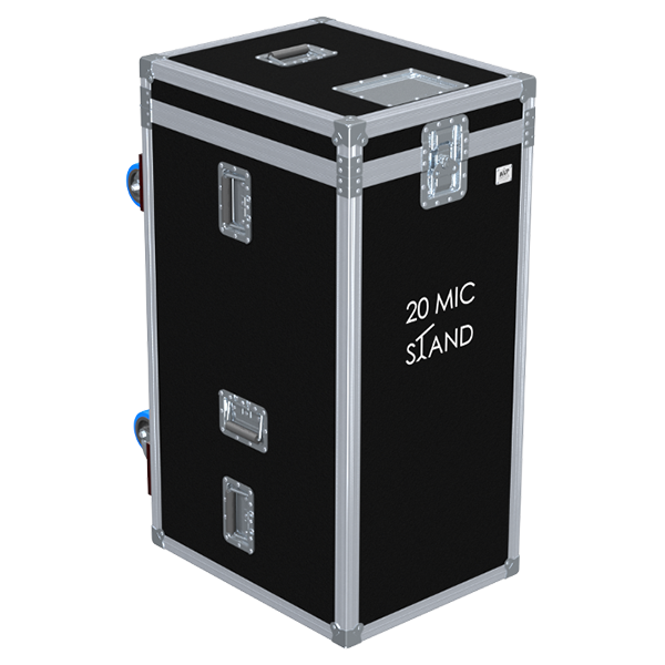 Front view of custom flight case for 20 microphone stands with professional protective construction