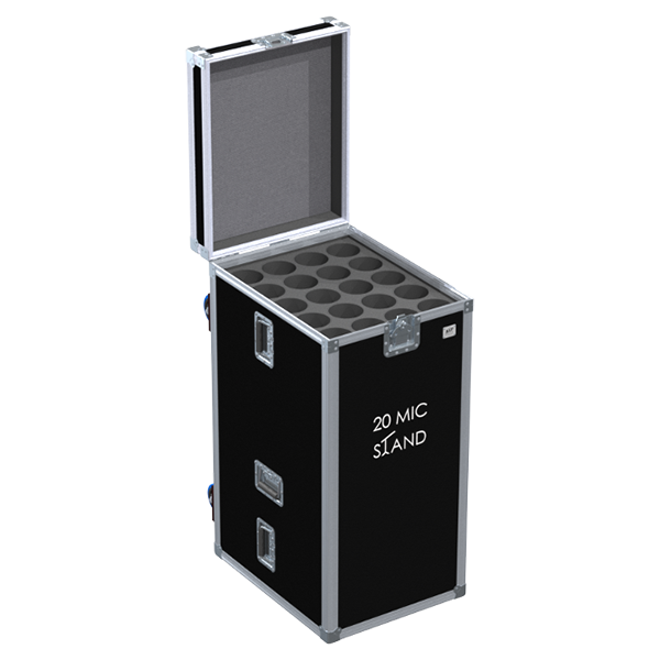 Empty interior of flight case showing precision compartments for 20 microphone stands