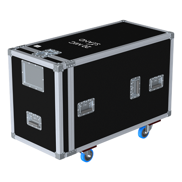 Rear view of road case for 20 microphone stands showing reinforced hardware and birch plywood construction