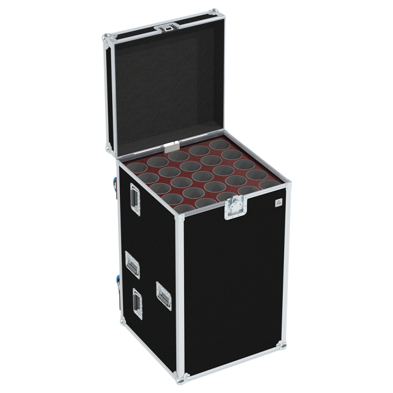 Twenty-five microphone stands including 15 long and 10 short models secured inside custom flight case