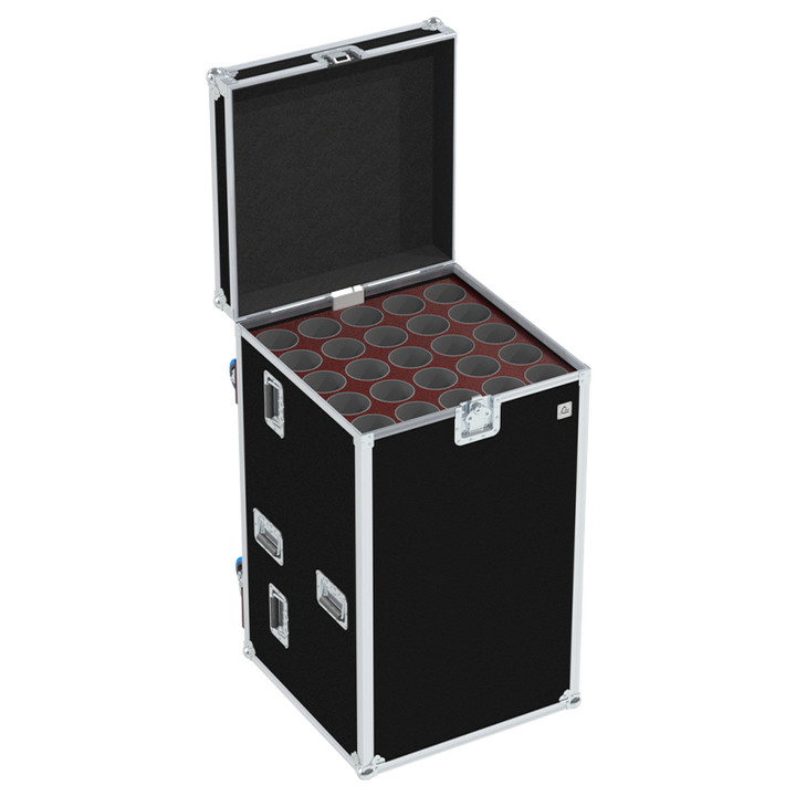 Twenty-five microphone stands including 15 long and 10 short models secured inside custom flight case