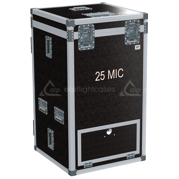 Front view of custom flight case for 25 microphone stands including 15 long and 10 short stands
