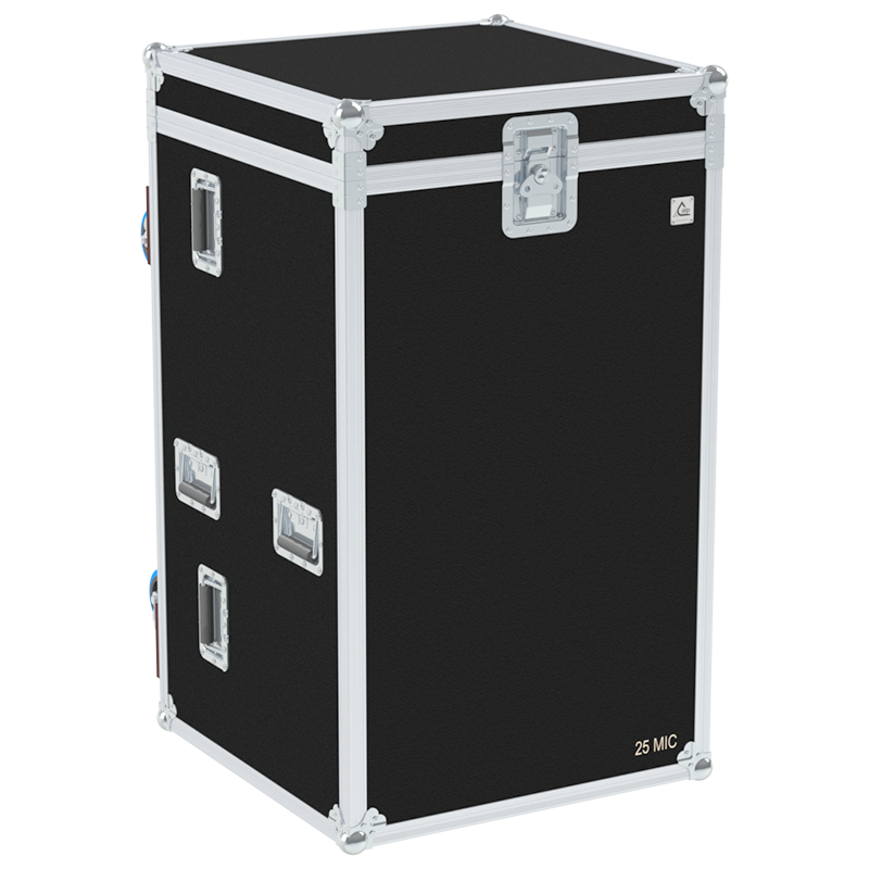 Front view of custom flight case for 25 microphone stands including 15 long and 10 short stands