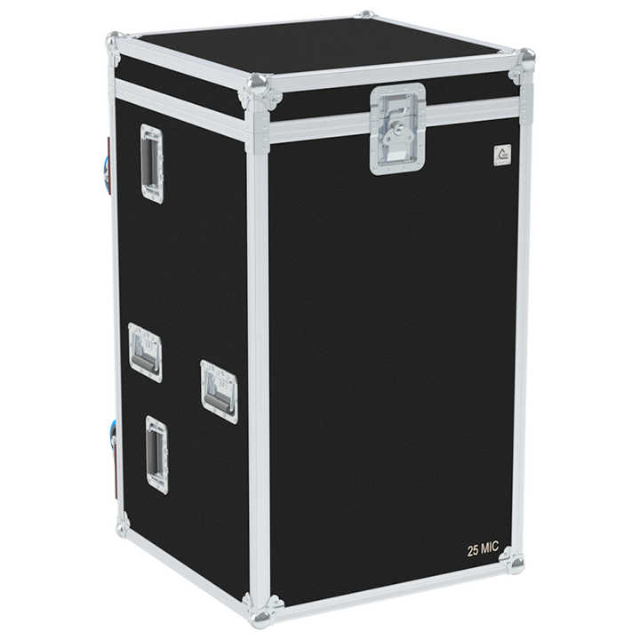 Front view of custom flight case for 25 microphone stands including 15 long and 10 short stands