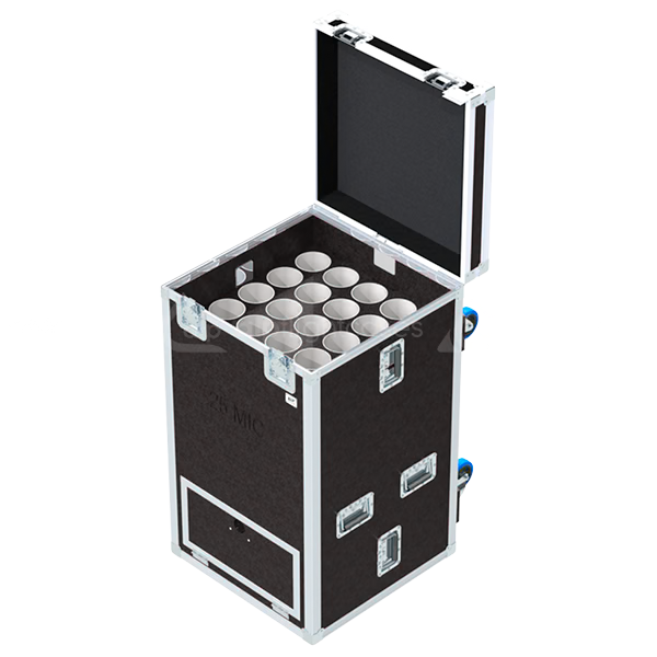 Empty interior of flight case showing dedicated compartments for 15 long and 10 short microphone stands