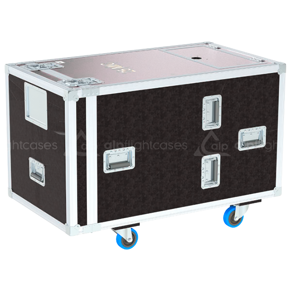 Rear view of road case for 25 microphone stands showing reinforced hardware and birch plywood construction