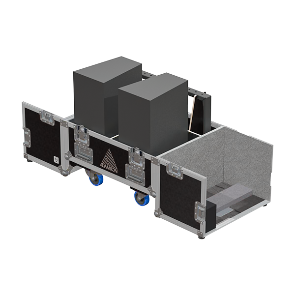 Two Adamson S7P loudspeakers and V2 Yoke Frames safely secured inside the custom flight case for professional rental