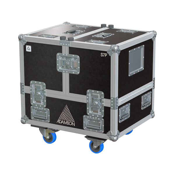 Front view of the professional twin touring flight case for 2x Adamson S7P speakers and frames by ALP Flight Cases