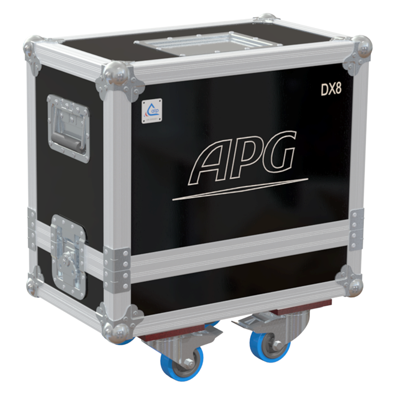 Front view of the professional twin touring flight case for 2x APG DX8 coaxial speakers by ALP Flight Cases