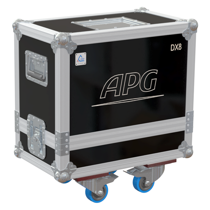 Front view of the professional twin touring flight case for 2x APG DX8 coaxial speakers by ALP Flight Cases