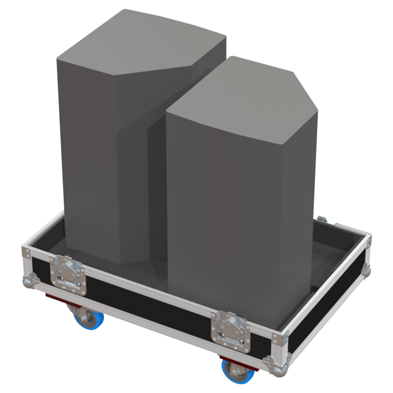 Two Audio Performance KM12 stage monitors safely secured inside the custom twin flight case for professional rental