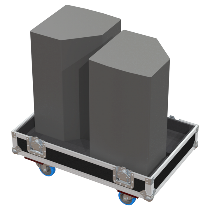 Two Audio Performance KM12 stage monitors safely secured inside the custom twin flight case for professional rental