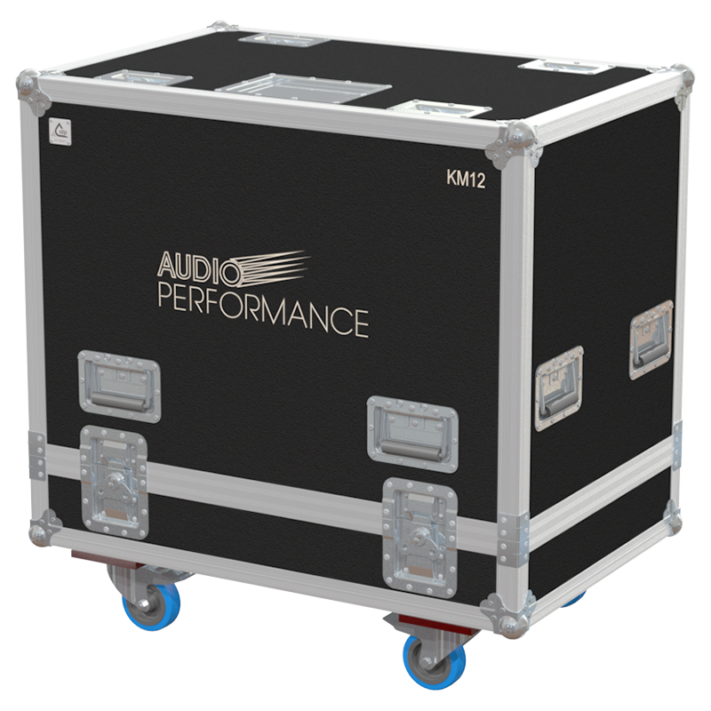 Front view of the professional twin touring flight case for 2x Audio Performance KM12 stage monitors by ALP Flight Cases