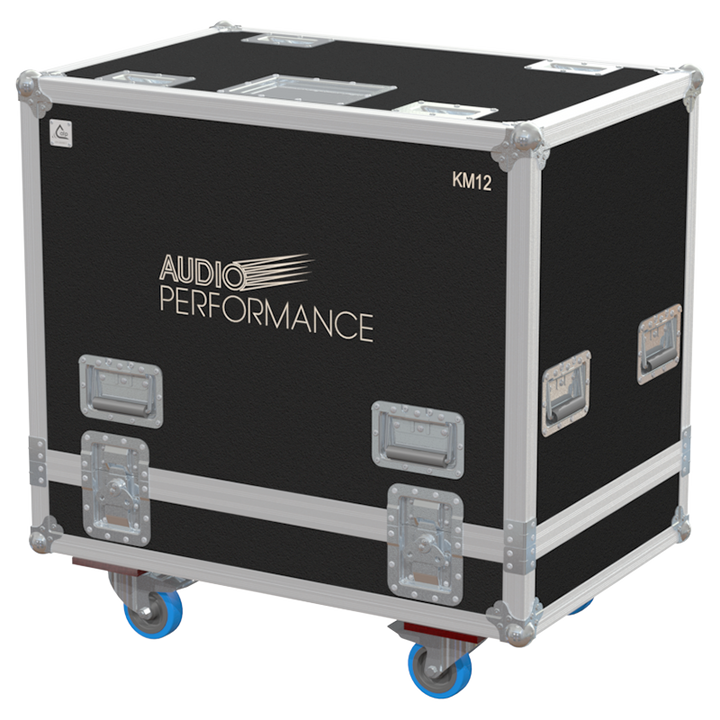 Front view of the professional twin touring flight case for 2x Audio Performance KM12 stage monitors by ALP Flight Cases
