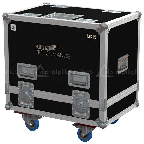 Front view of the professional twin touring flight case for 2x Audio Performance MX15 speakers by ALP Flight Cases