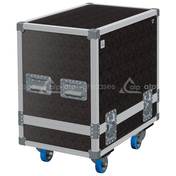 Front view of the professional twin touring flight case for 2x Audiophony Acute 12 speakers by ALP Flight Cases