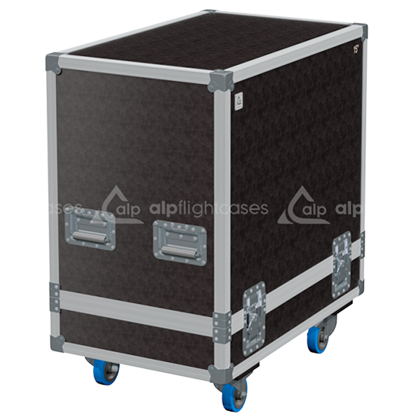 Front view of the professional twin touring flight case for 2x Audiophony Acute 15 speakers by ALP Flight Cases
