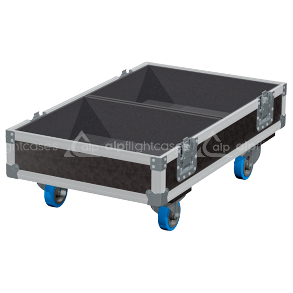Empty interior of the twin flight case for 2x Audiophony Acute 15 showing precision CNC-cut foam for high-density protection
