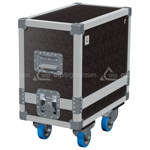 Front view of the professional twin touring flight case for 2x Audiophony Acute 8 speakers by ALP Flight Cases
