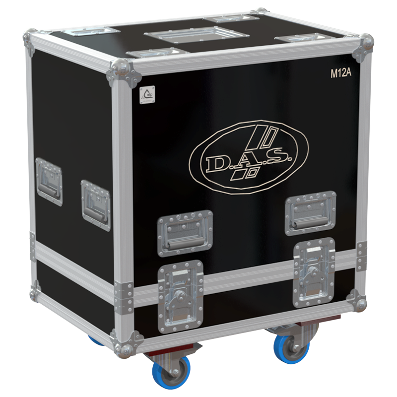 Front view of the professional twin touring flight case for 2x DAS Audio Action-M12A active stage monitors by ALP Flight Cases