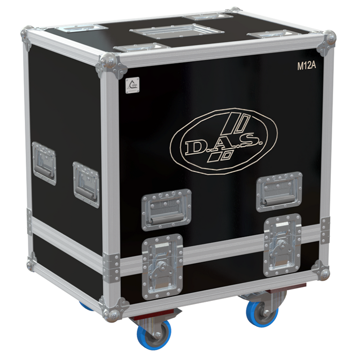 Front view of the professional twin touring flight case for 2x DAS Audio Action-M12A active stage monitors by ALP Flight Cases