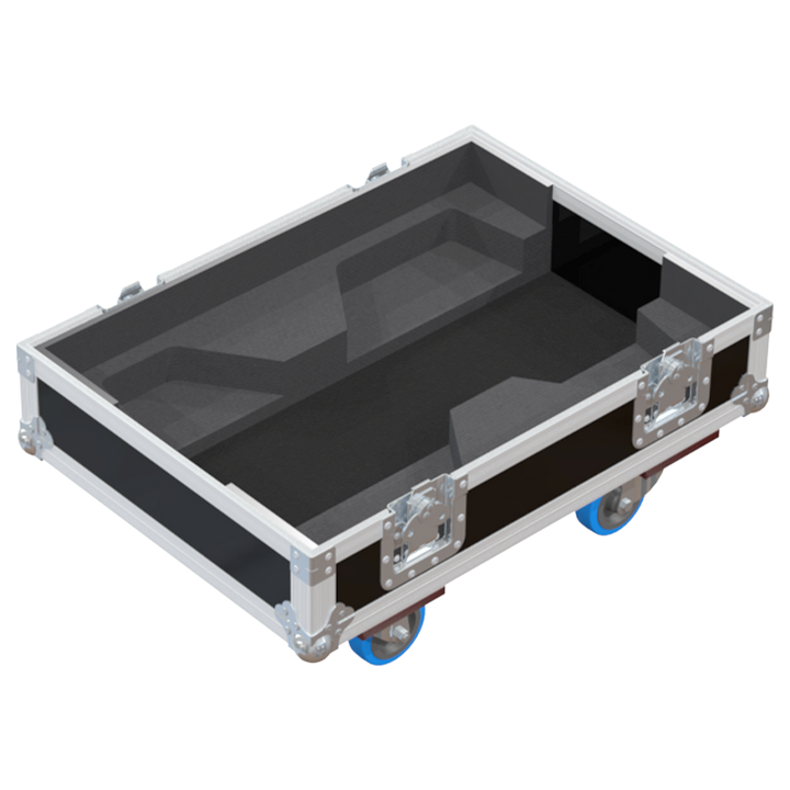 Empty interior of the twin flight case for DAS Action-M12A showing precision CNC-cut foam for display and connector safety
