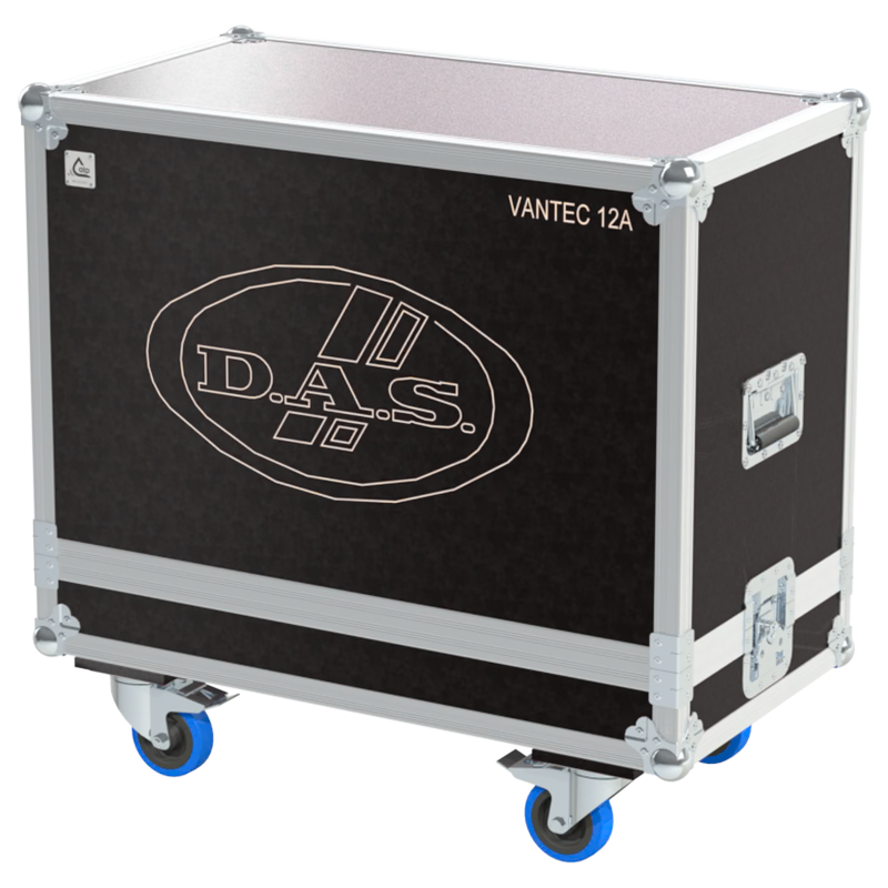 Front view of the professional twin touring flight case for 2x DAS Audio Vantec-12A active speakers by ALP Flight Cases