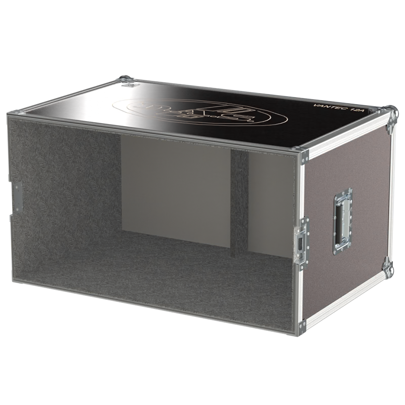 Rear view of the road case for DAS Vantec-12A showing heavy-duty hardware and 10mm birch plywood construction