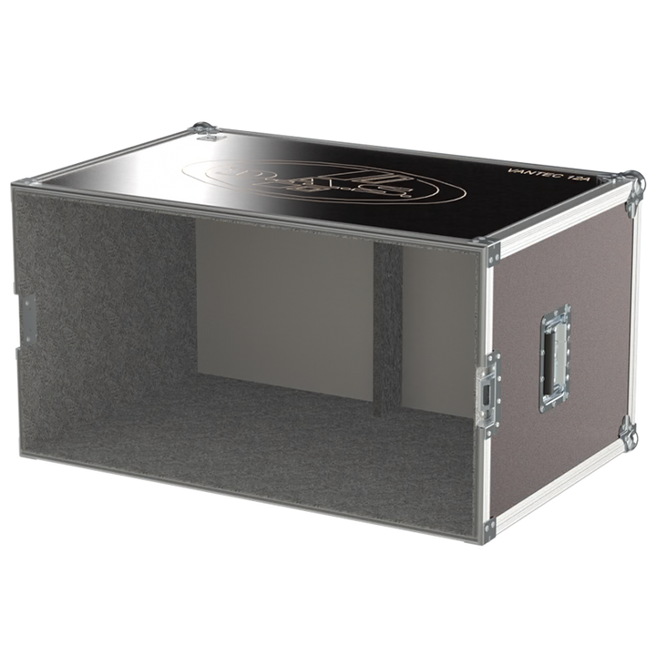 Rear view of the road case for DAS Vantec-12A showing heavy-duty hardware and 10mm birch plywood construction