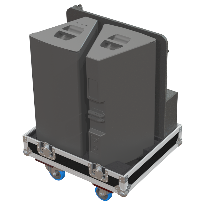 Two d&b audiotechnik AL90 speakers and flying frame safely secured inside the custom flight case for professional rental