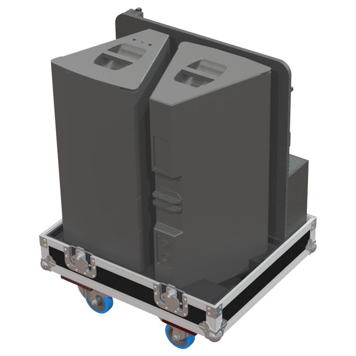 Two d&b audiotechnik AL90 speakers and flying frame safely secured inside the custom flight case for professional rental