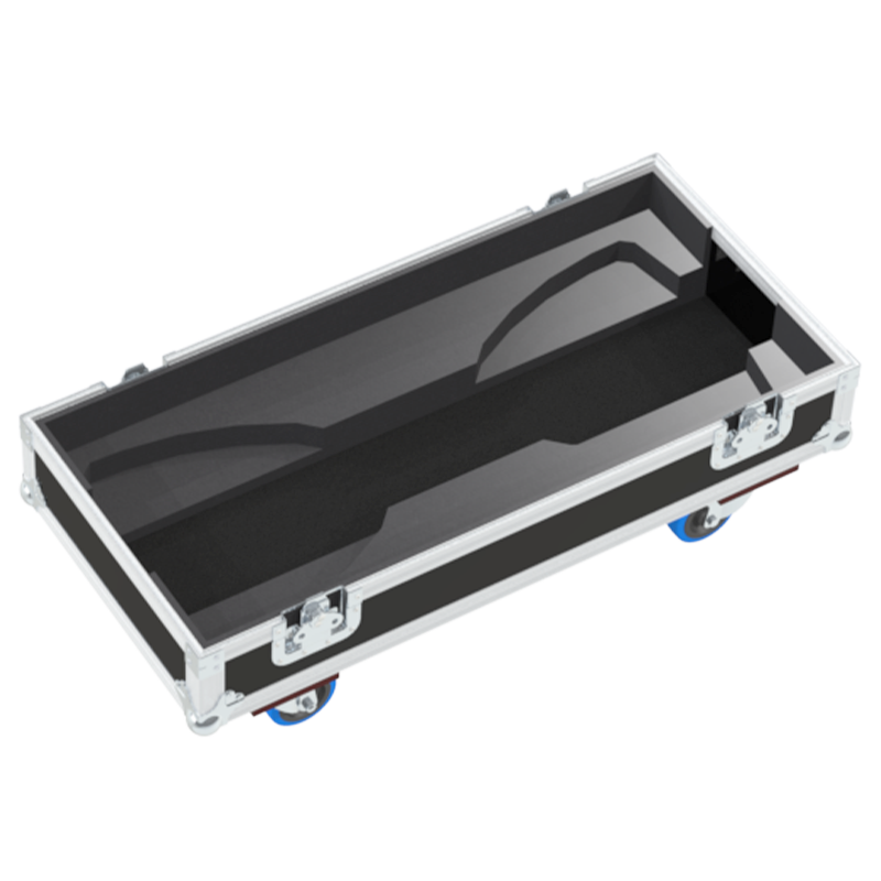 Empty interior of the flight case for 2x d&b E12 showing precision CNC-cut foam for high-density audio protection