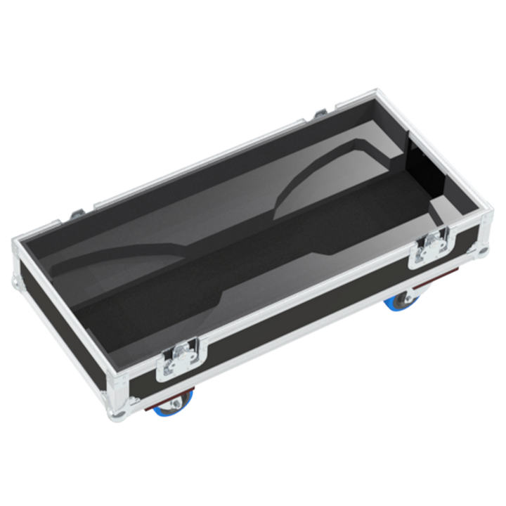 Empty interior of the flight case for 2x d&b E12 showing precision CNC-cut foam for high-density audio protection
